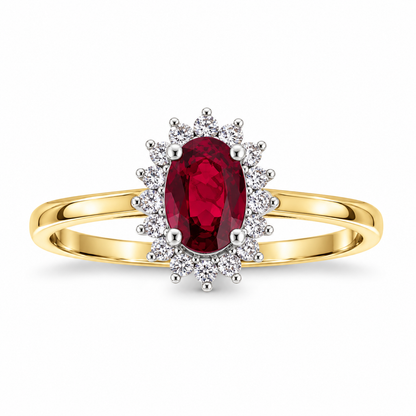 9ct Gold Oval Ruby & Diamond Set Cluster Ring