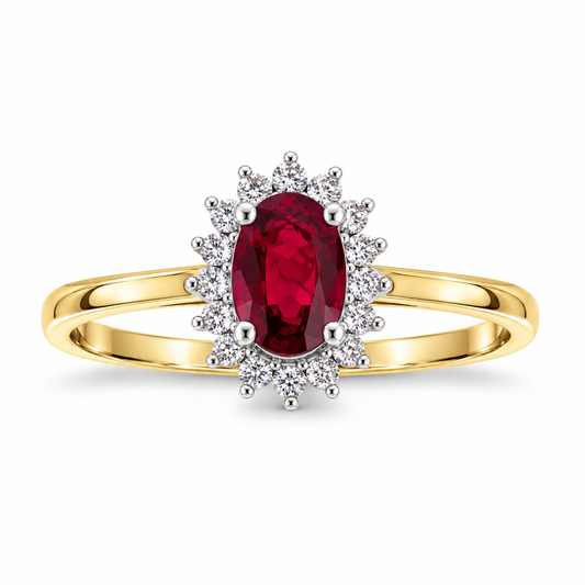 9ct Gold Oval Ruby & Diamond Set Cluster Ring