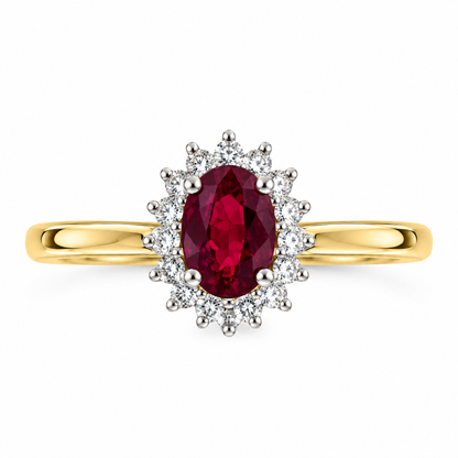 9ct Gold Oval Ruby & Diamond Set Cluster Ring