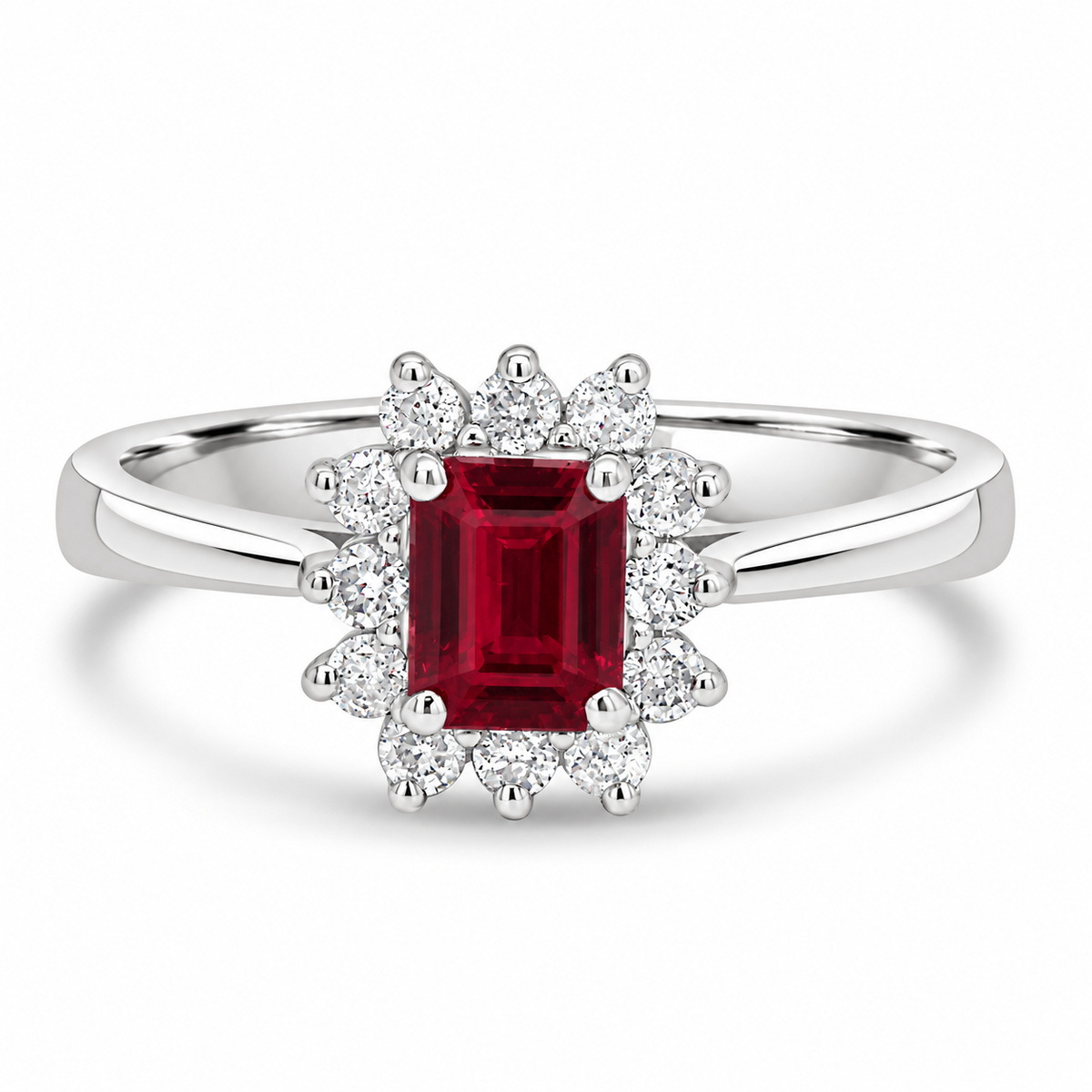 9ct White Gold Emerald Cut Ruby & Diamond Set Cluster Ring