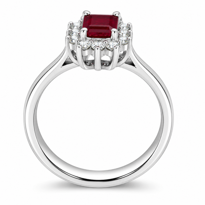 9ct White Gold Emerald Cut Ruby & Diamond Set Cluster Ring