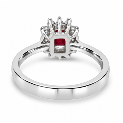 9ct White Gold Emerald Cut Ruby & Diamond Set Cluster Ring