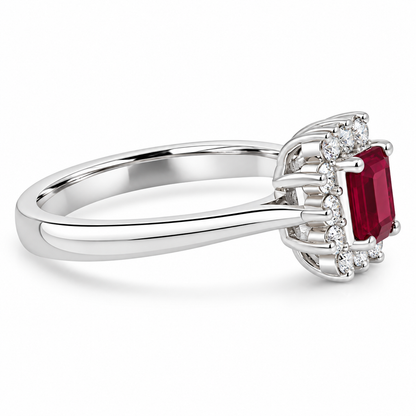 9ct White Gold Emerald Cut Ruby & Diamond Set Cluster Ring