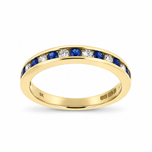 9ct Gold Sapphire & Diamond Channel Set Half Eternity Ring