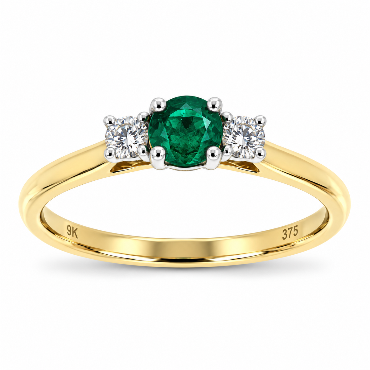 9ct Gold Emerald & Diamond Set Three Stone Trilogy Ring