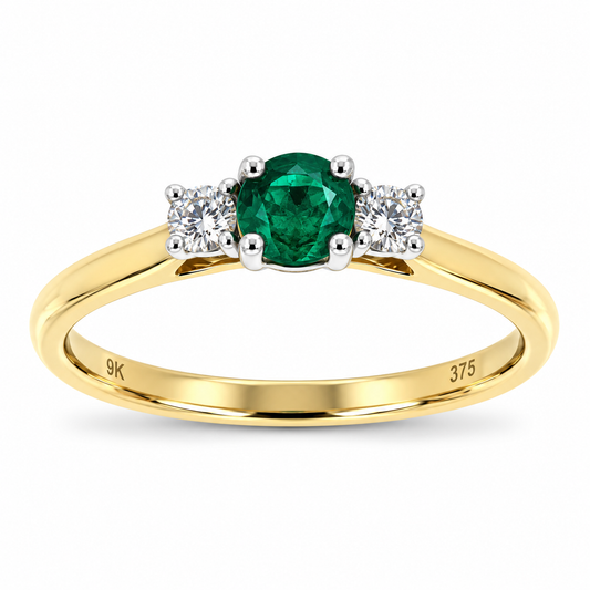 9ct Gold Emerald & Diamond Set Three Stone Trilogy Ring