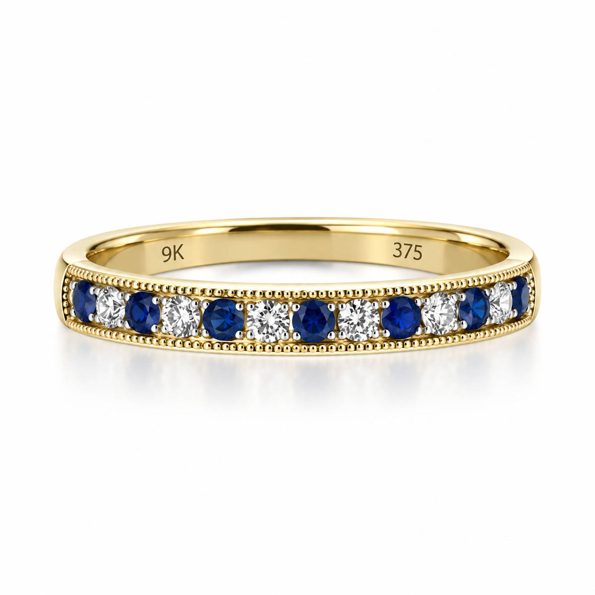 9ct Gold Sapphire & Diamond Milgrain Set Half Eternity Ring