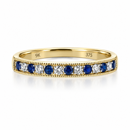9ct Gold Sapphire & Diamond Milgrain Set Half Eternity Ring