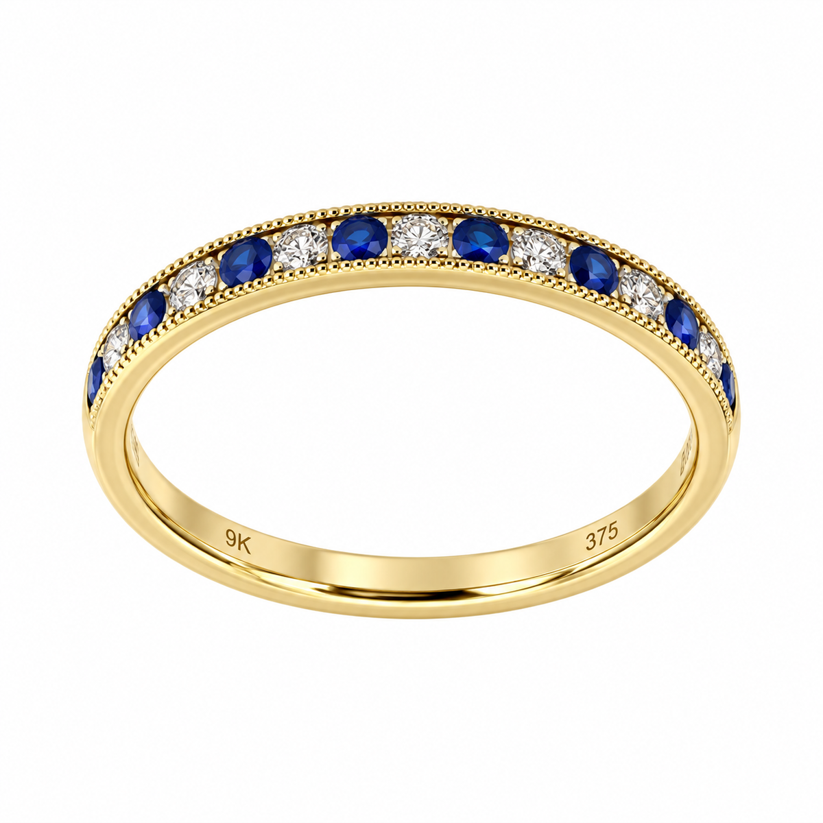 9ct Gold Sapphire & Diamond Milgrain Set Half Eternity Ring