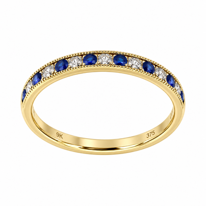 9ct Gold Sapphire & Diamond Milgrain Set Half Eternity Ring