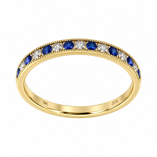 9ct Gold Sapphire & Diamond Milgrain Set Half Eternity Ring