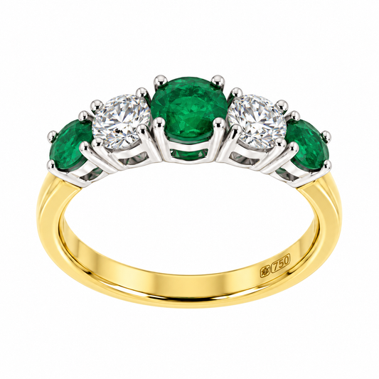 18ct Gold Graduated Emerald & Diamond Set Five Stone Half-Eternity Dress Ring