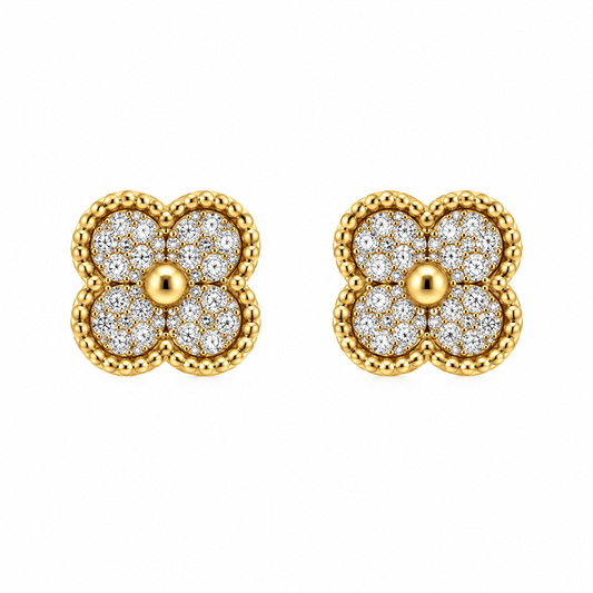 14ct Gold Diamond Set Quatrefoil Beaded Edge Four Leaf Clover Stud Earrings