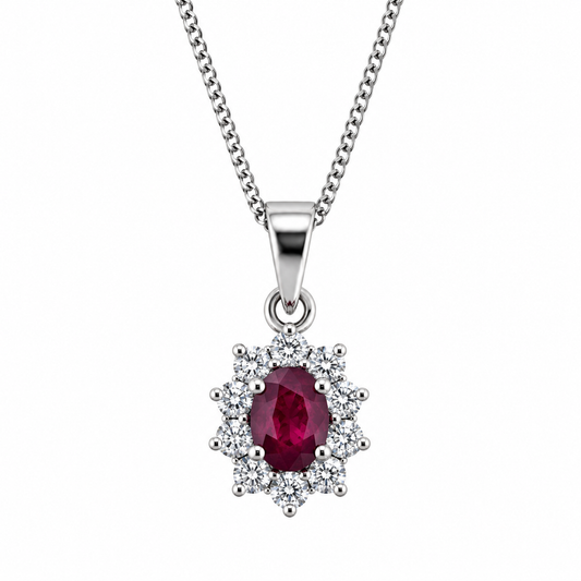 18ct White Gold Oval Ruby & Diamond Set Cluster Pendant Necklace