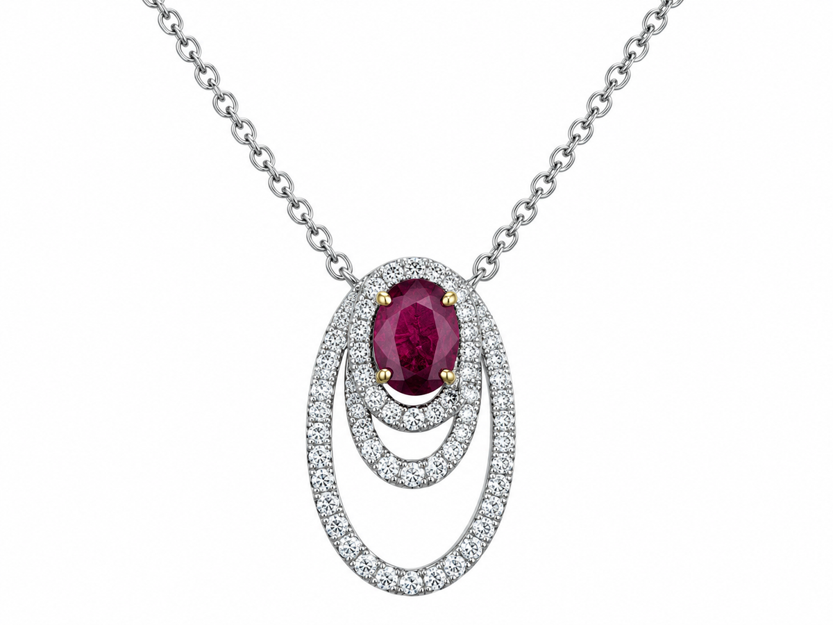 9ct White Gold Ruby & Diamond Set Openwork Oval Pendant Necklace