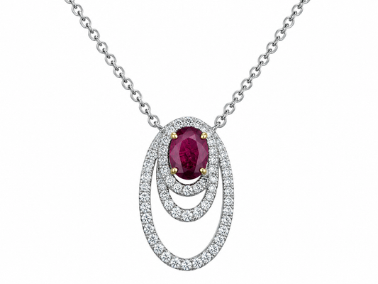 9ct White Gold Ruby & Diamond Set Openwork Oval Pendant Necklace