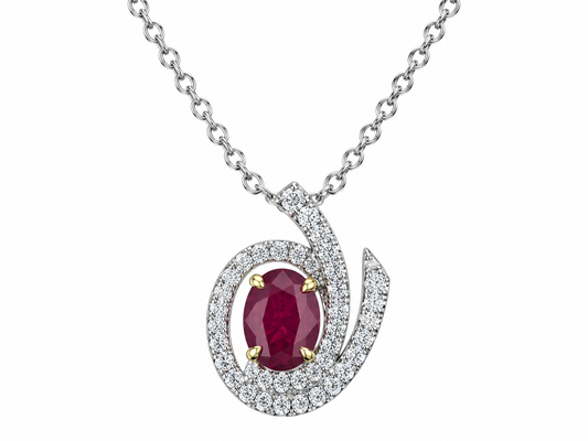 9ct White Gold Ruby & Diamond Set Swirl Cluster Pendant Necklace