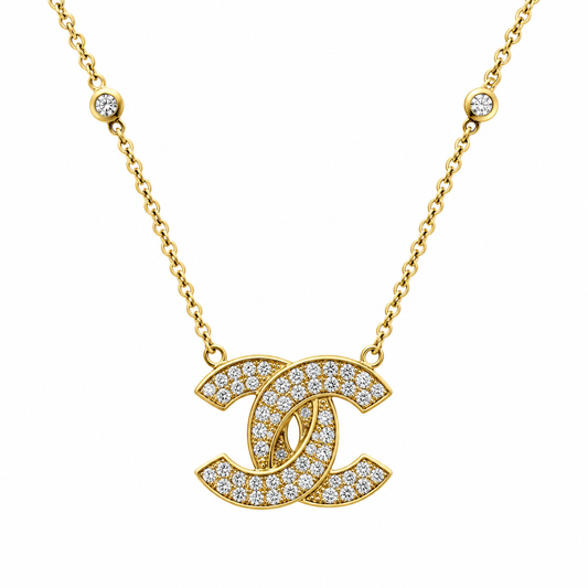 14ct Gold Interlocking Double C Diamond Set Pendant Necklace