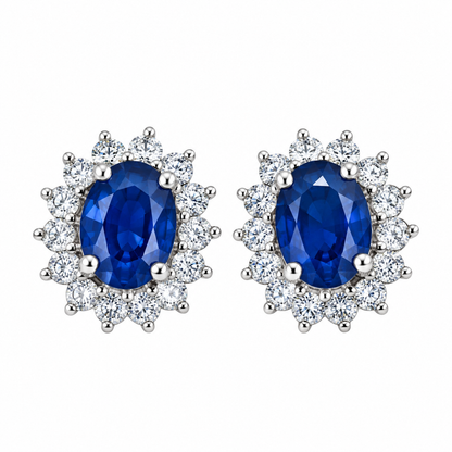18ct White Gold Oval Sapphire & Diamond Set Cluster Stud Earrings