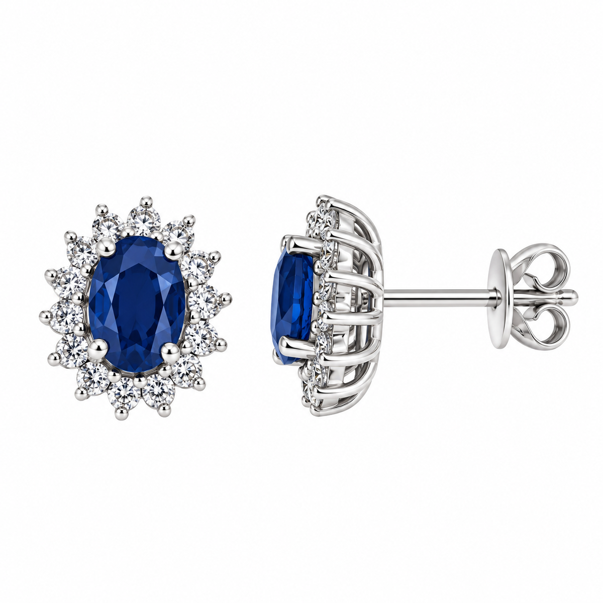18ct White Gold Oval Sapphire & Diamond Set Cluster Stud Earrings