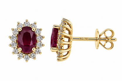 18ct Gold Oval Ruby & Diamond Set Cluster Stud Earrings