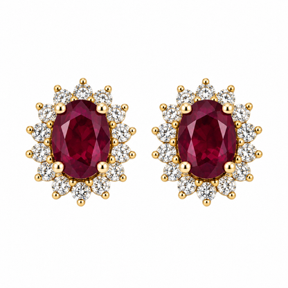 18ct Gold Oval Ruby & Diamond Set Cluster Stud Earrings