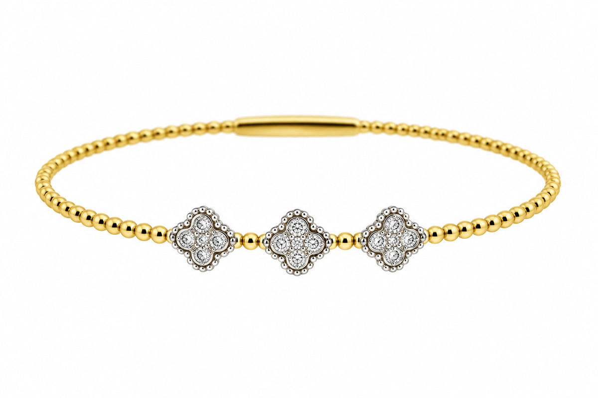 14ct Yellow & White Gold Two Tone Quatrefoil Diamond Set Flexi Bangle