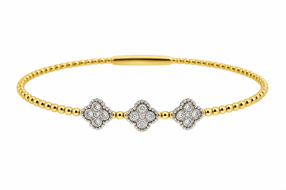 14ct Yellow & White Gold Two Tone Quatrefoil Diamond Set Flexi Bangle