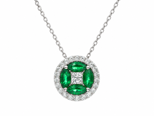 9ct White Gold Marquise Cut Emerald & Diamond Cluster Pendant Necklace