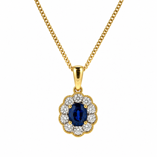 18ct Gold Sapphire & Diamond Milgrain Set Cluster Pendant Necklace