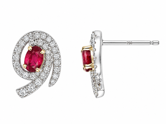 9ct White Gold Oval Ruby & Diamond Set Swirl Cluster Stud Earrings
