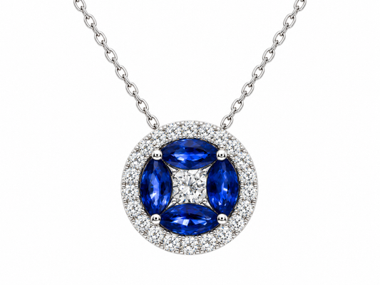 9ct White Gold Marquise Cut Sapphire & Diamond Cluster Pendant Necklace
