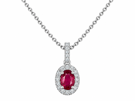 9ct White Gold Oval Ruby & Diamond Set Cluster Pendant Necklace
