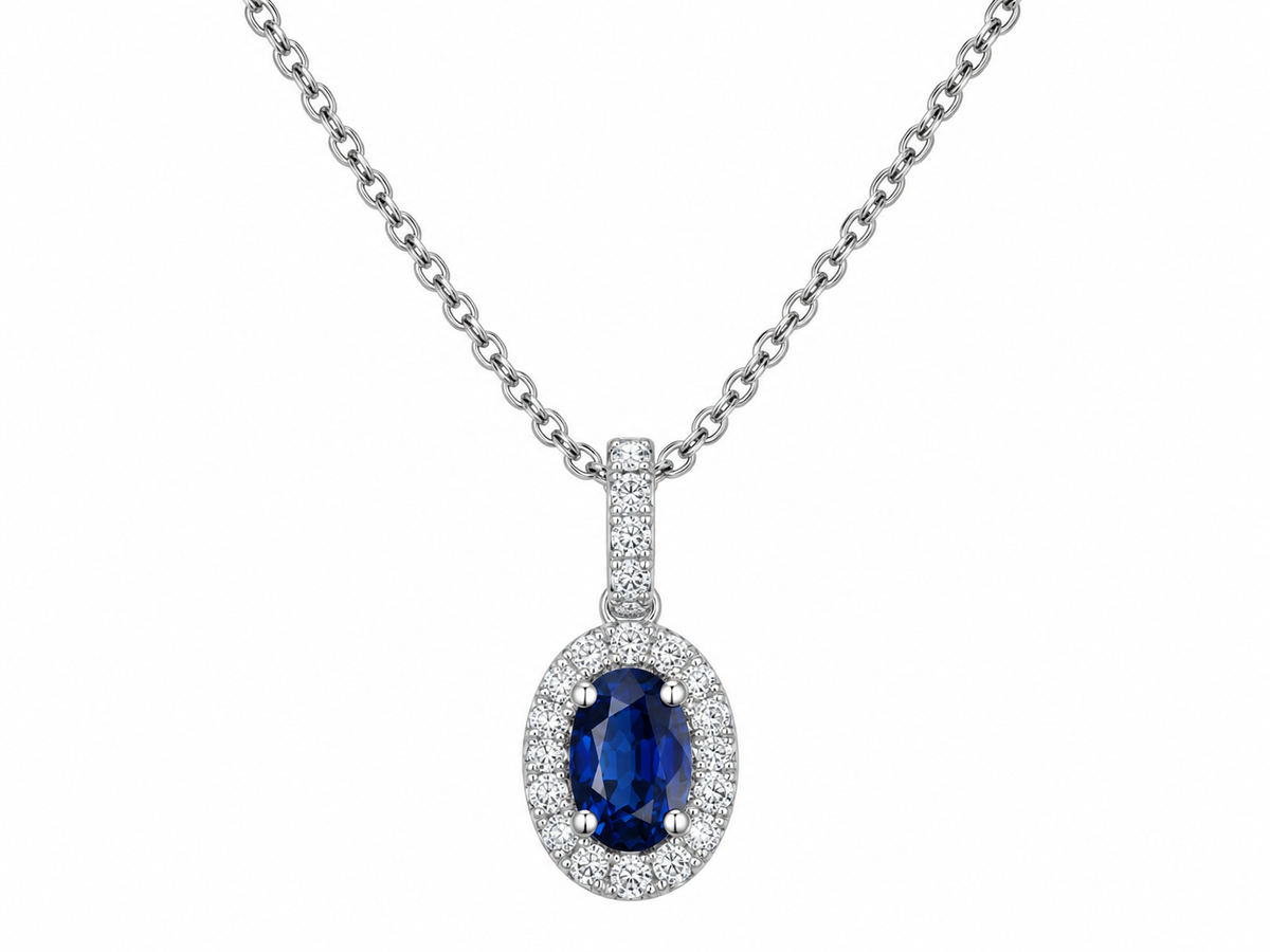 9ct White Gold Oval Sapphire & Diamond Set Cluster Pendant Necklace