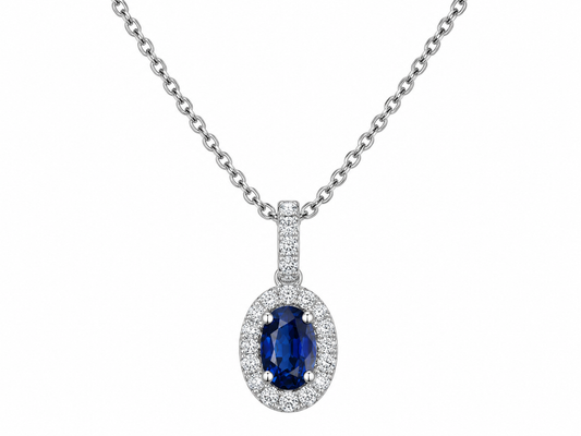 9ct White Gold Oval Sapphire & Diamond Set Cluster Pendant Necklace