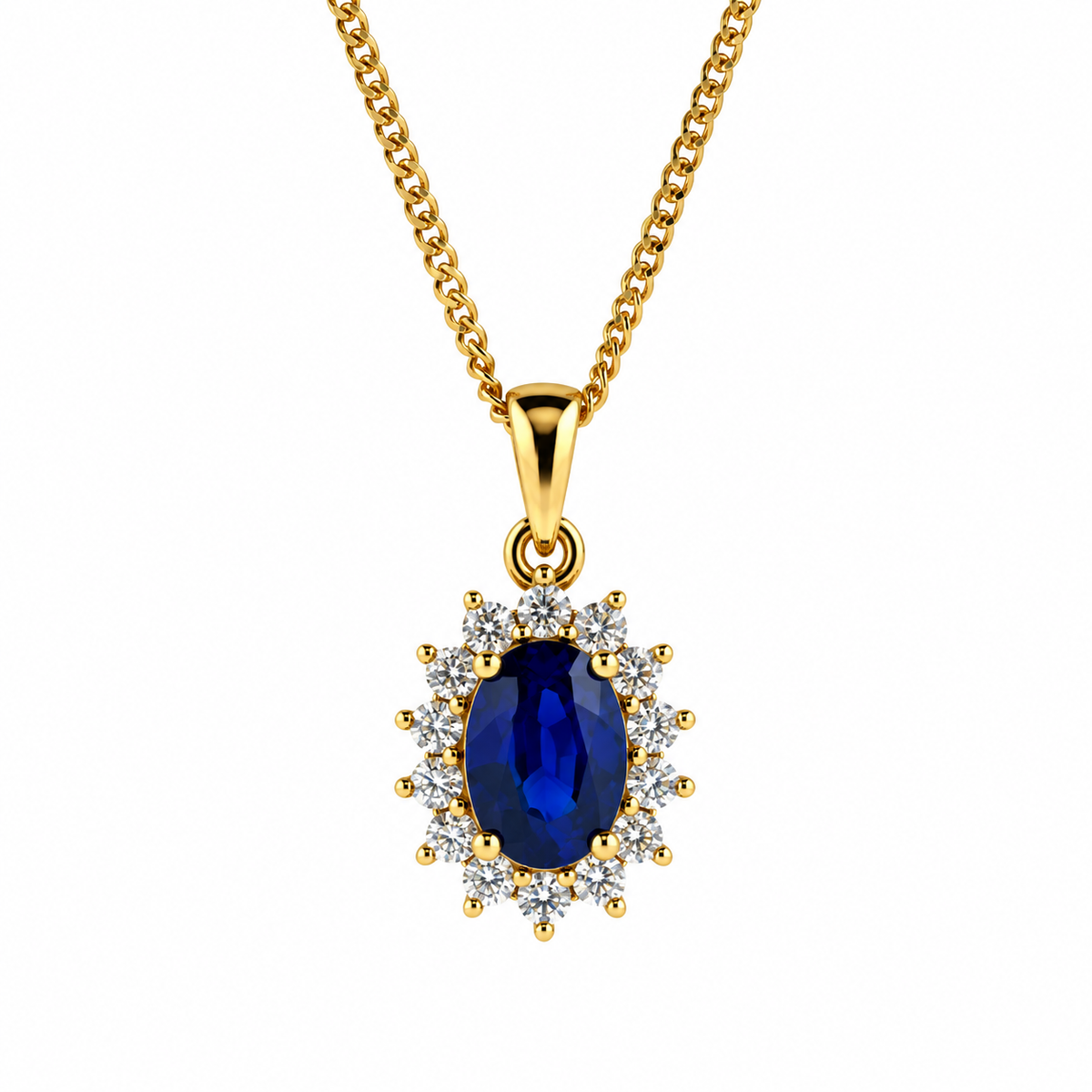 9ct Gold Oval Sapphire & Diamond Set Cluster Pendant Necklace