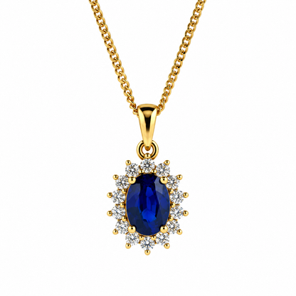 9ct Gold Oval Sapphire & Diamond Set Cluster Pendant Necklace