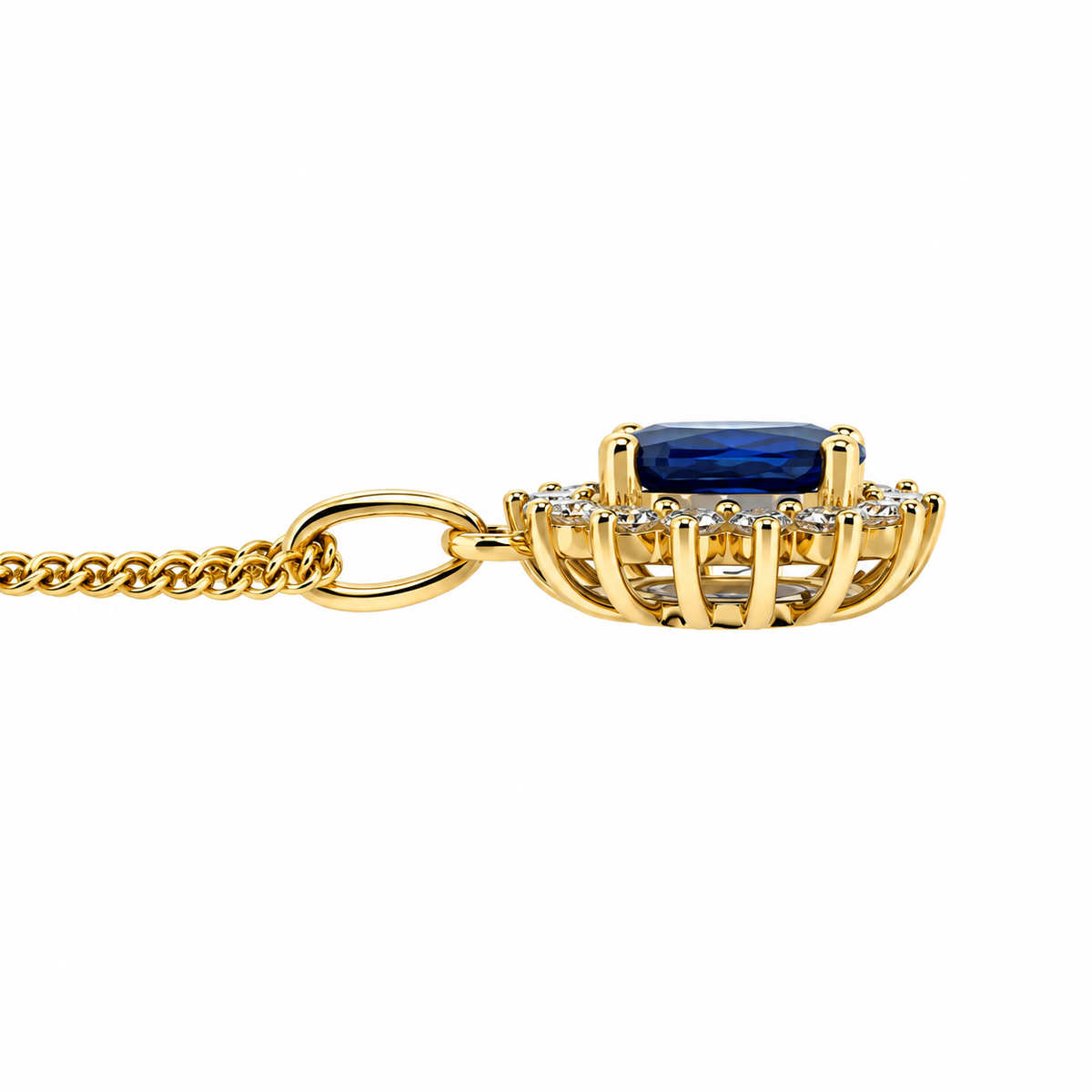 9ct Gold Oval Sapphire & Diamond Set Cluster Pendant Necklace