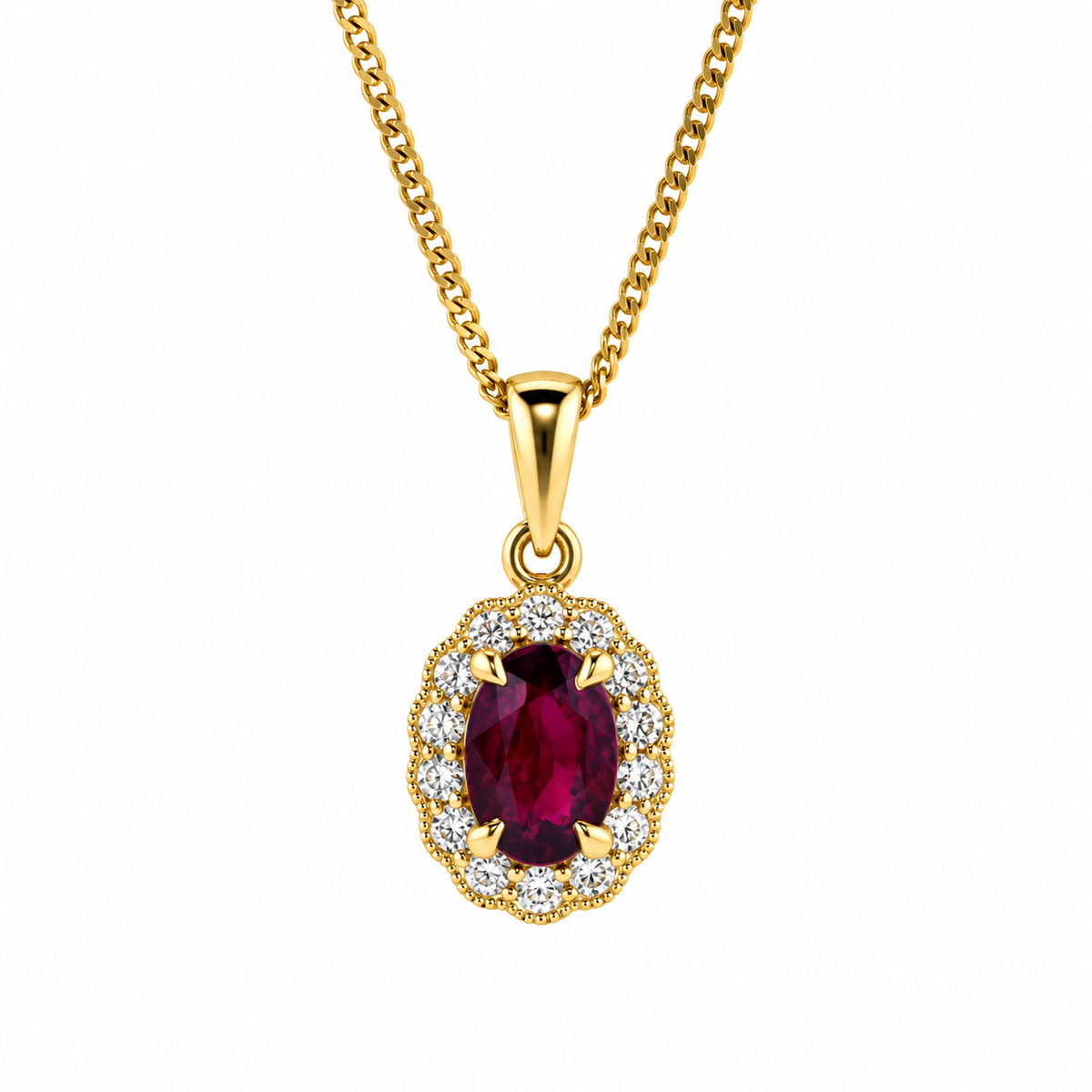 9ct Gold Oval Ruby & Diamond Set Cluster Pendant Necklace