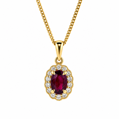 9ct Gold Oval Ruby & Diamond Set Cluster Pendant Necklace