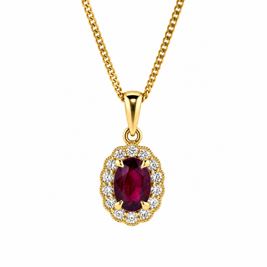 9ct Gold Oval Ruby & Diamond Set Cluster Pendant Necklace