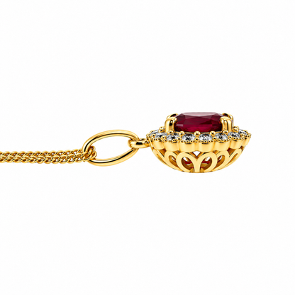 9ct Gold Oval Ruby & Diamond Set Cluster Pendant Necklace