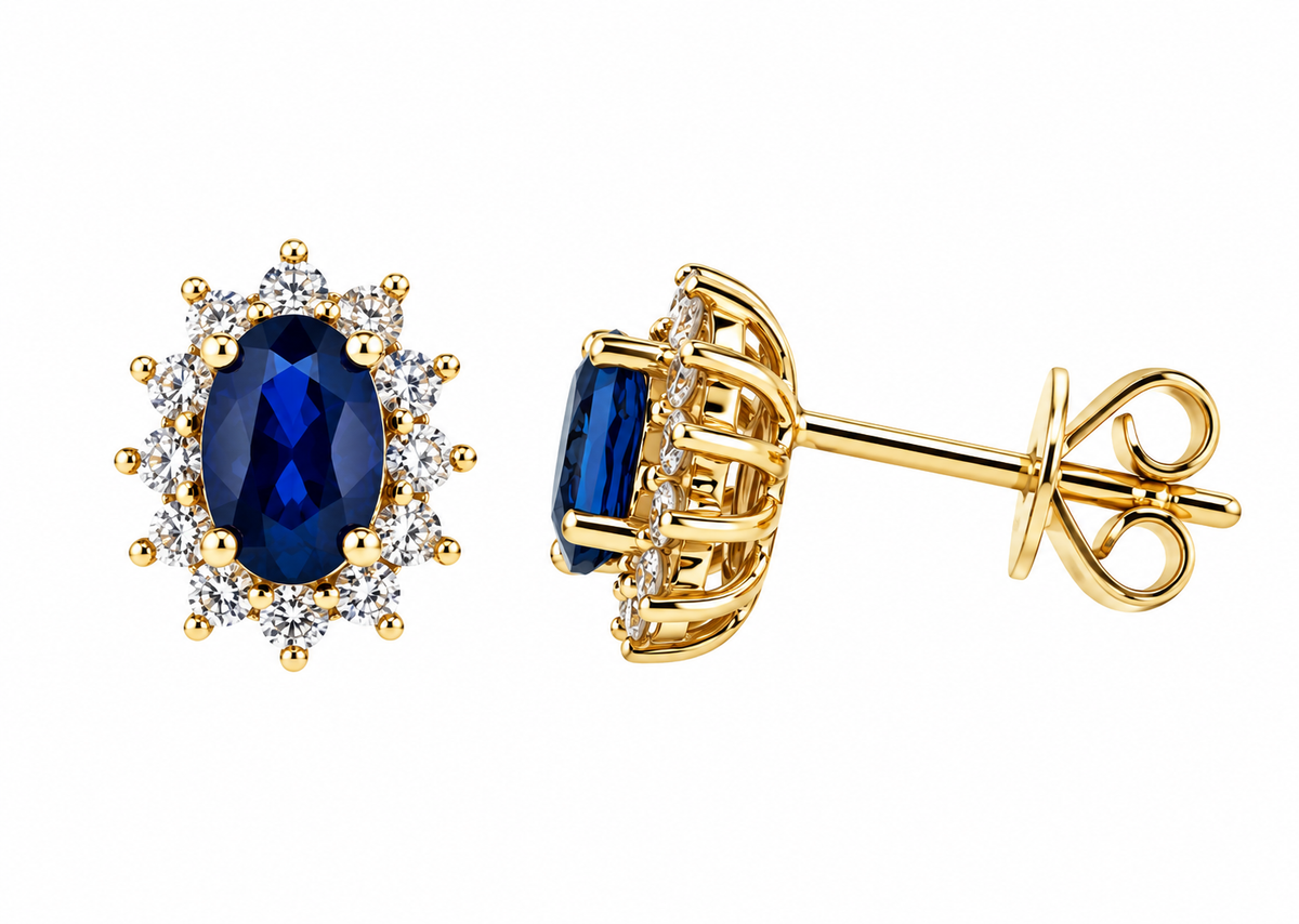 9ct Gold Oval Sapphire & Diamond Set Cluster Stud Earrings