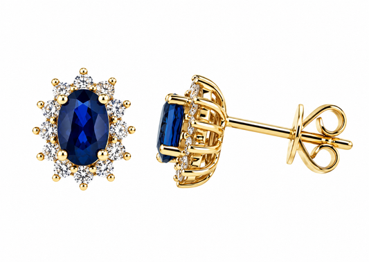 9ct Gold Oval Sapphire & Diamond Set Cluster Stud Earrings