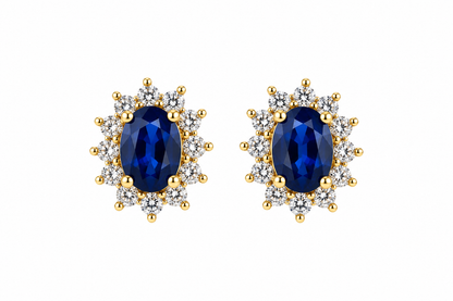 9ct Gold Oval Sapphire & Diamond Set Cluster Stud Earrings