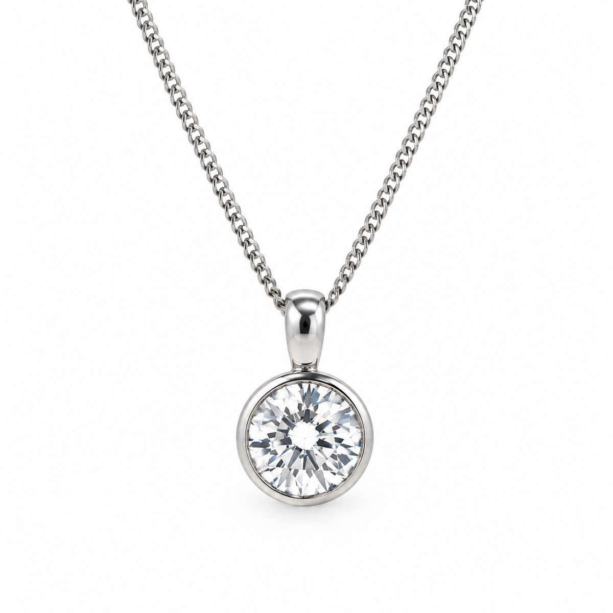 18ct White Gold Rubover Set 0.90ct Diamond Pendant Necklace