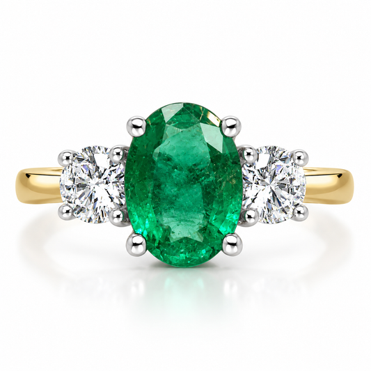 18ct Gold Emerald & Diamond Set Three Stone Trilogy Ring