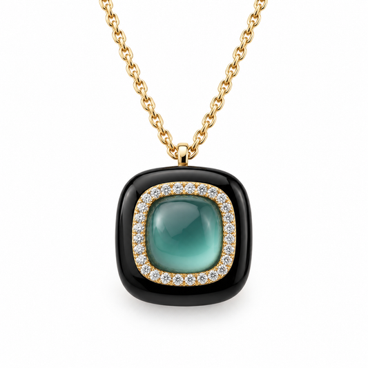 18ct Gold, Enamel, Green Agate, Rock Crystal,  Mother-of-Pearl, & Diamond Set Pendant Necklace
