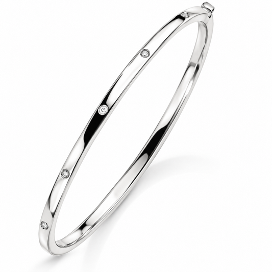 9ct White Gold Oval Hinged Diamond Set Bangle