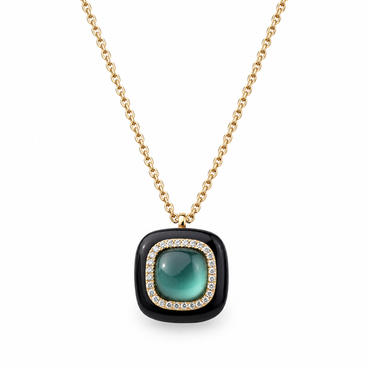 18ct Gold, Enamel, Green Agate, Rock Crystal,  Mother-of-Pearl, & Diamond Set Pendant Necklace